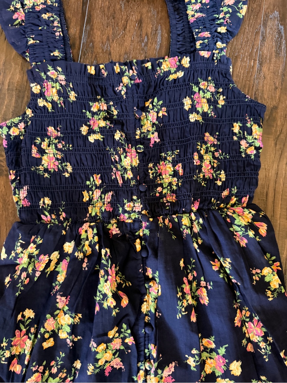 Navy Floral Ruffled Sundress with Smocked Bodice - Picture 2 of 5
